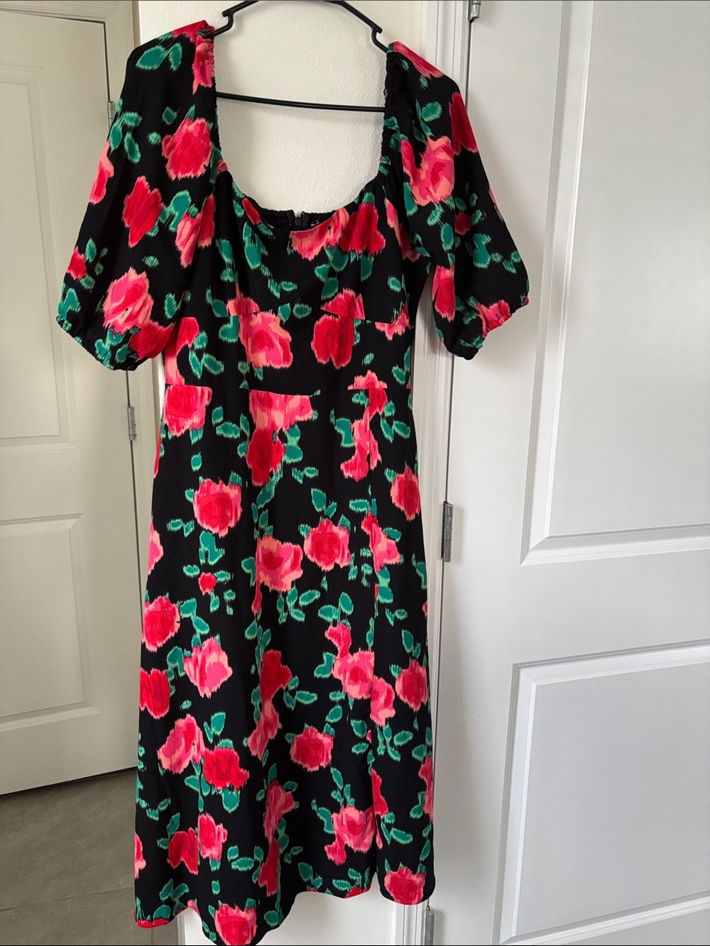 BCBGeneration Black Midi Dress with Pink and Green Floral Print